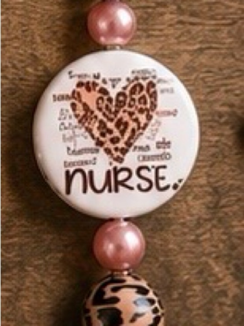 Nurse Leopard Heart Beaded Keychain - Pink & Black Accent